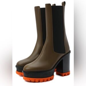 Versace olive green and Black Heeled Boots with Orange Soles